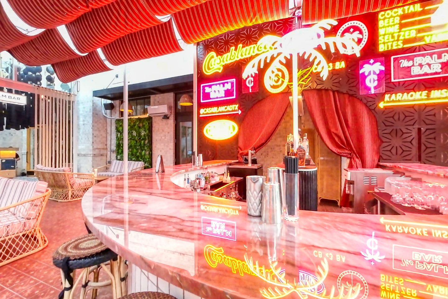 Stylish Casablanca Lounges Bar in Bishop Arts District, offering a vibrant atmosphere with dim lighting and contemporary decor.